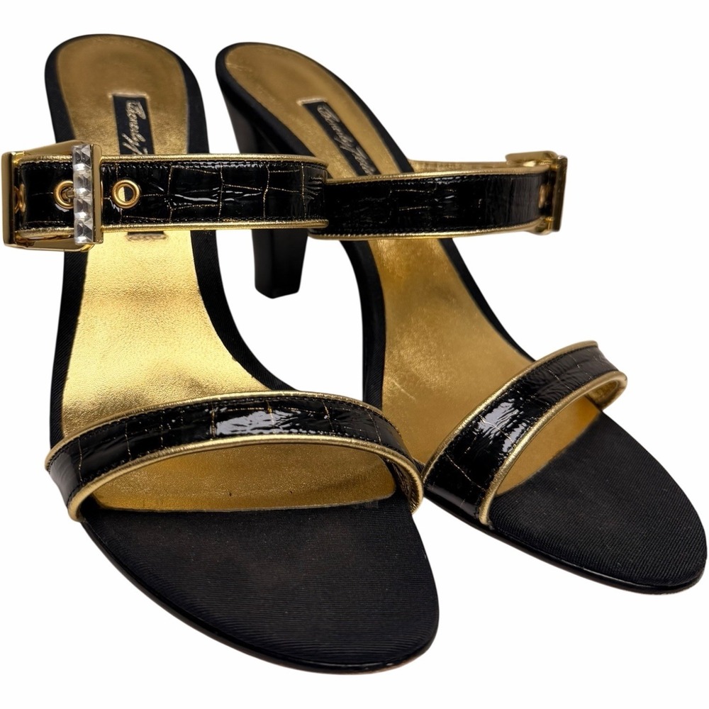 Beverly Feldman Black‎ Gold Croc Patent Mule Heels Ankle Strap Party 8.5 - Picture 4 of 10